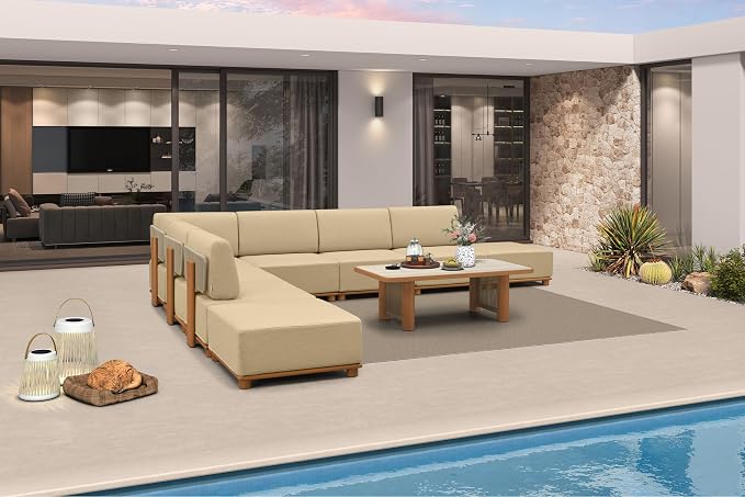 PURPLE LEAF Patio Furniture Set L-Shaped Outdoor Sectional Sofa with 11" Thick Cushion 9-Piece Outdoor Conversation Set with Ottomans and White Lights for Backyard Poolside Table Included, Beige