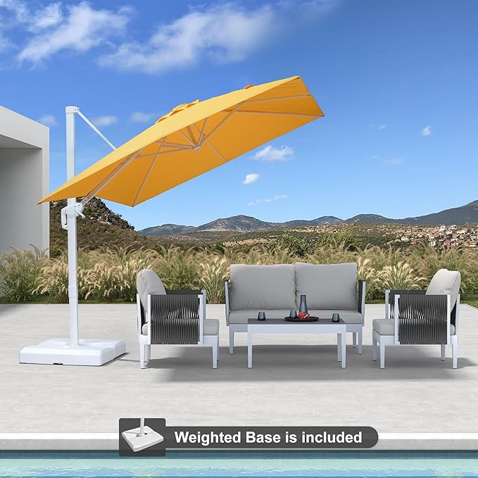 PURPLE LEAF 8 FT Patio Umbrella With Base White Cantilever Umbrella Square Outdoor Offset Umbrella Windproof with 360° Rotation for Garden Deck Pool, Yellow