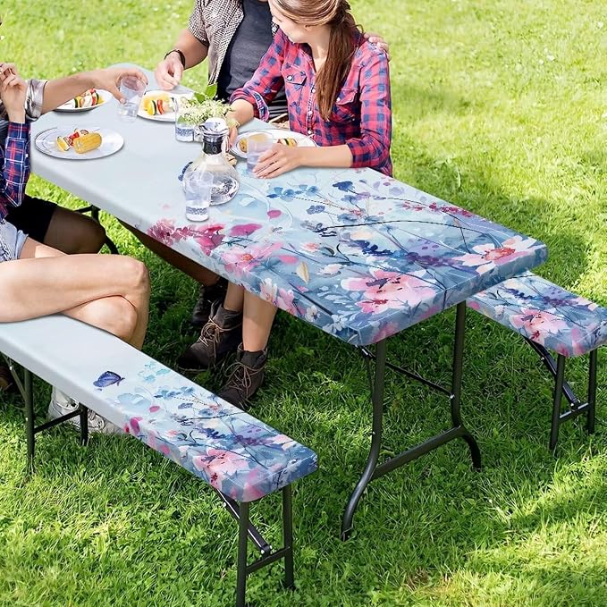 Blue Floral Picnic Table Cover with Bench Covers 3 Piece Fitted Picnic Table Cover with Bench Covers Picnic Table Covers with Elastic Band Picnic Table Cover for Outdoor, BBQ, Camping