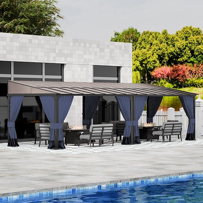 10' x 28' Lean to Gazebo,Large Wall Mount Heavy Duty Gazebos Pavilion,Outdoor Hardtop Pergola Shelter with Curtains and Netting,Sunshade for Patio Garden Lawn Backyard Deck,Navy Blue
