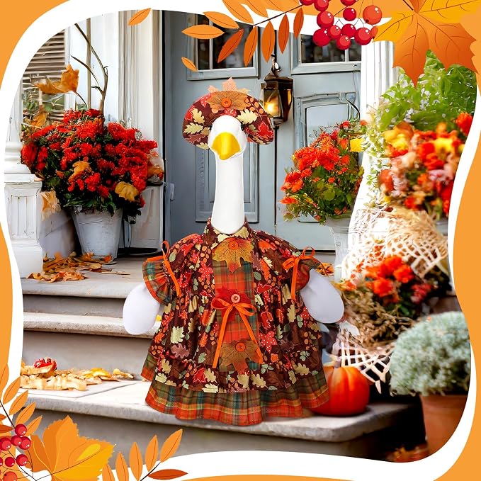 Suzile Fall Maple Porch Goose Outfit Autumn Goose Clothes for 23 Inch Cement or Plastic Geese Costume for Yard Lawn Outdoor Garden Patio Concrete Duck Statue Dress Thanksgiving Party Holiday Decor