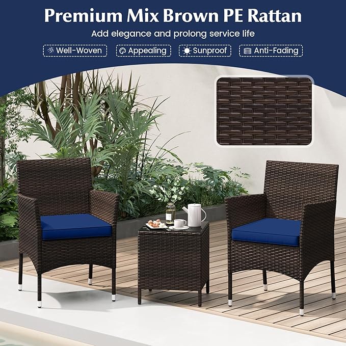 RELAX4LIFE 3-Piece Patio Furniture Set - Rattan Wicker Outdoor Conversation Set w/Cushions & Glass Coffee Table, Balcony Furniture for Porch Garden Backyard, Bistro Table and Chairs Set of 2 (Navy)