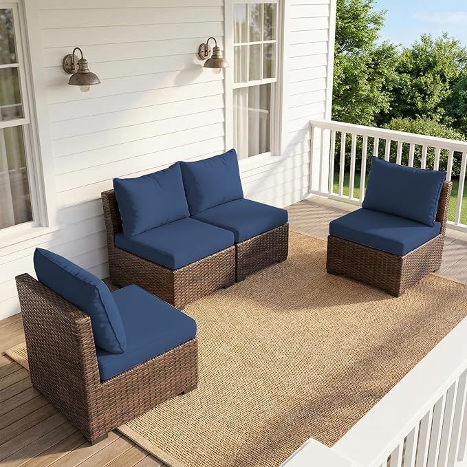 4 Pieces Patio Furniture Set, Outdoor PE Rattan Sectional Sofa with Soft Cushions for Backyard, Porch, and Poolside (Blue, 4 PCS)