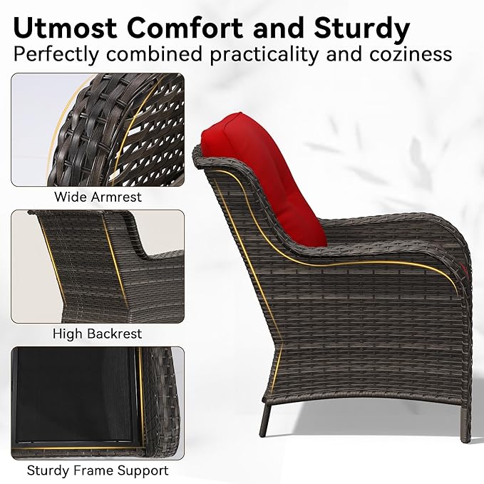 4-Piece Outdoor Couch Set, Includes Wicker Patio Sofa with Thickened Olefin Cushions, High Back and Deep Seating, Hand-Woven PE Rattan and 2 Ottomans, 1 Coffee Table for Porch, Deck