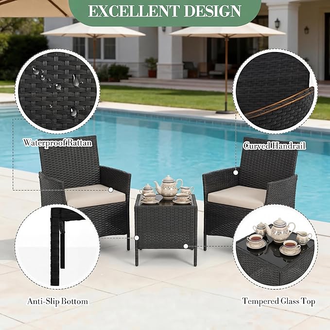 3 Piece Patio Furniture Set, Outdoor Deck Rattan Chair Wicker Combo Furniture, All Weather Dialogue Rattan Sofa With Upholstery and Glass Table for Garden, Backyard, Porch, Lawn, Pool, Black