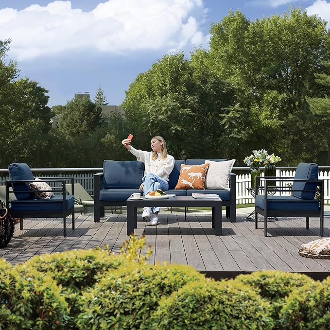 Aluminum Patio Furniture Set, 6 Piece Metal Outdoor Furniture Set, Patio Sets with Waterproof Covers for Backyard Garden(Blue&Black)