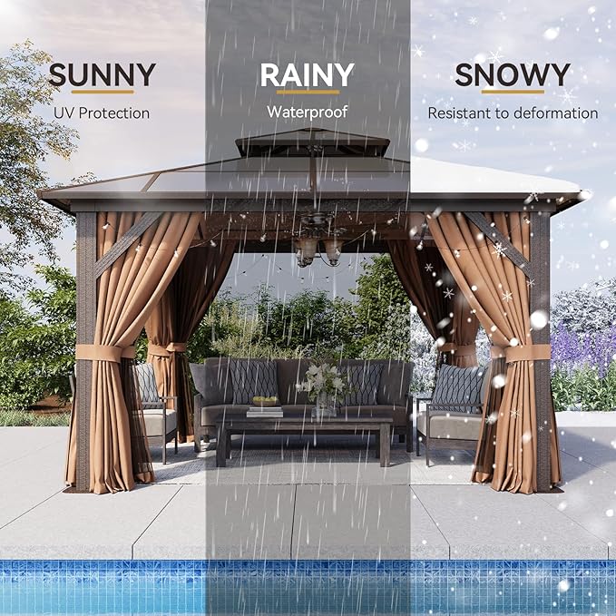 Aoxun 12'x12' Hardtop Gazebo, Outdoor Metal Gazebo with Double Polycarbonate Roof Canopy, Permanent Pavilion with Netting and Curtains for Lawn, Garden, Patio (Khaki)