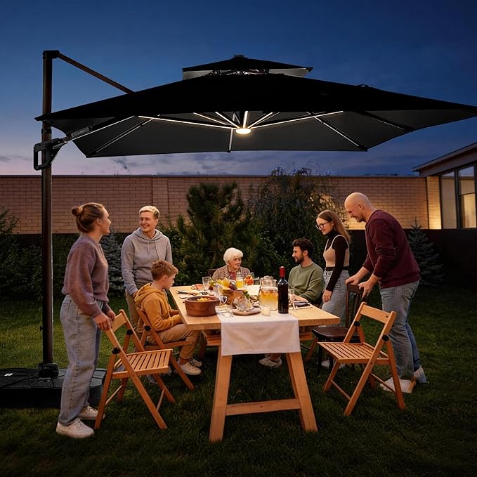 JZAC & QZYD 9x12 FT Outdoor Cantilever Patio Umbrella with LED Lights, Large Heavy Duty 2-Tier Aluminum Offset Umbrellas with 360-Degree Rotation for Pool Deck, Black