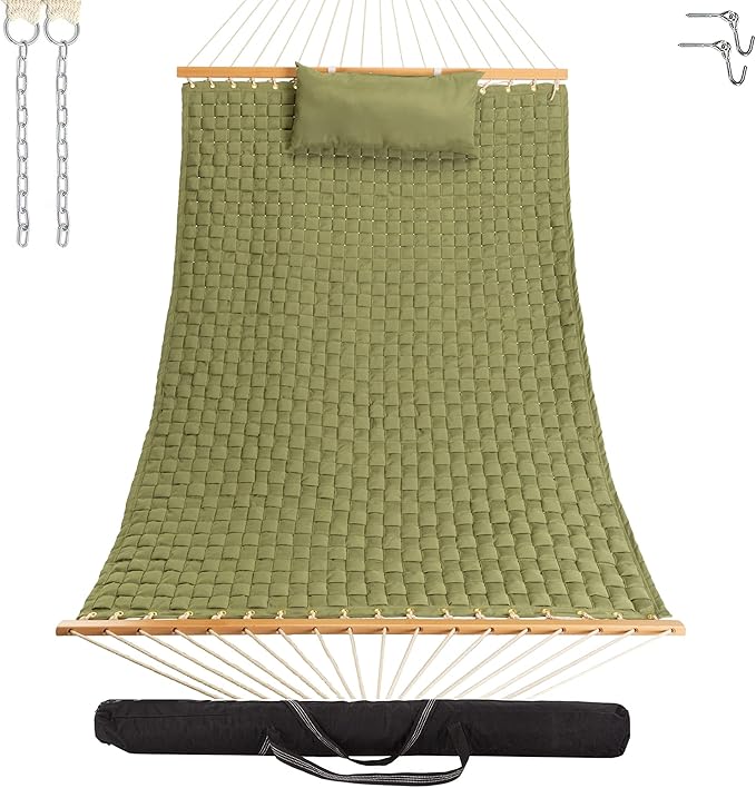 Castaway Living 13 ft. Large Green Soft Weave Hammock with Free Pillow, Storage Bag, Extension Chains & Tree Hooks, Accommodates 2 People, 450 LB Weight Capacity, 13 ft. x 55 in.