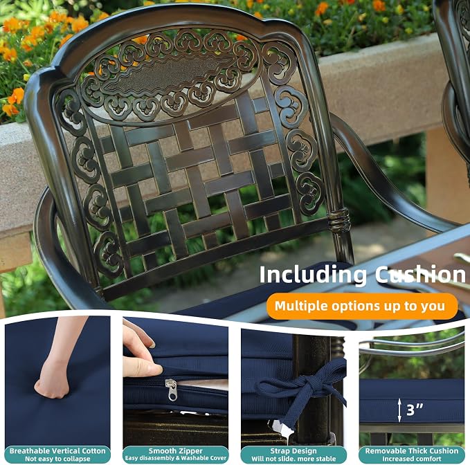 MEETWARM 7-Piece Outdoor Furniture Dining Set, All Weather Cast Aluminum Patio Garden Set with 6 Chairs, 6 Cushions, 1 Rectangular Table, 2" Umbrella Hole, Dark Bronze, Navy Blue