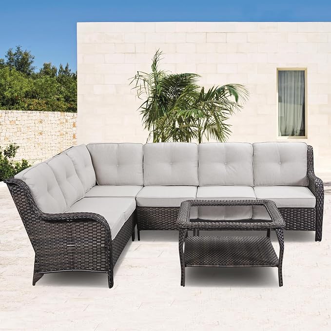 Patio Table Outdoor Coffee Tables - Rattan Wicker Coffee Table with Glass Top and 2-Tier Storage Shelf Square for Outdoor Patio Porch Deck Balcony Garden(Brown/Glass Top)