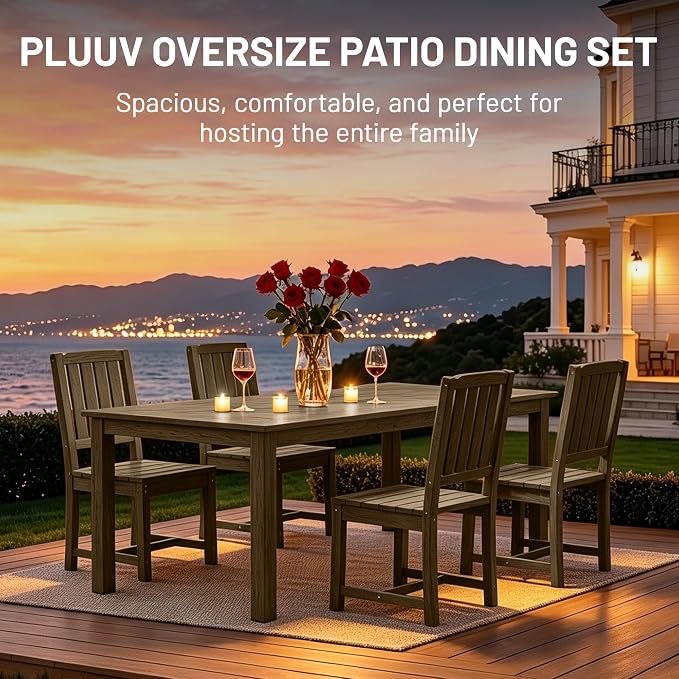 PLUUV 5-Piece Outdoor Dining Set – HDPE Patio Furniture with Aluminum Table, Umbrella Hole, and 4 Armless Chairs, All-Weather Resistant for Garden & Backyard, Brown