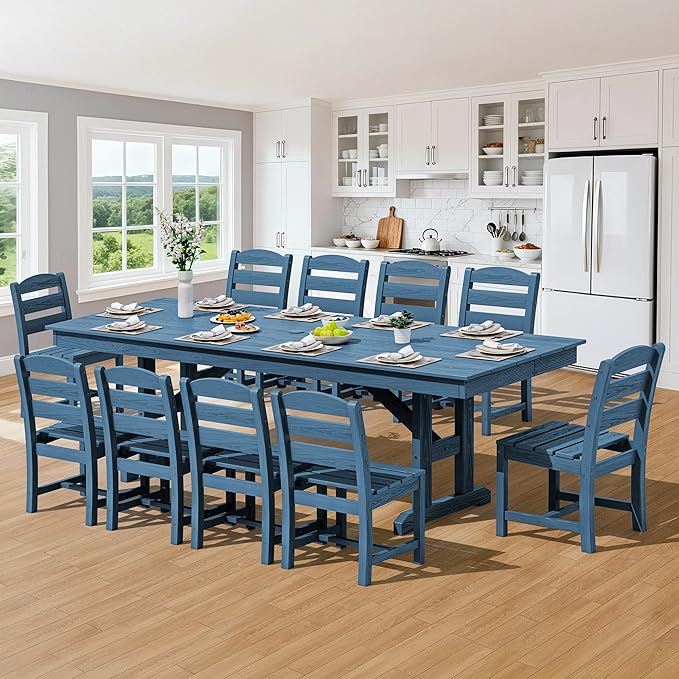 SERWALL Outdoor Armless Dining Chairs Set of 4, All-Weather HDPE Patio Chair with 19.7" Widened Seat, for Backyard, Garden, Blue