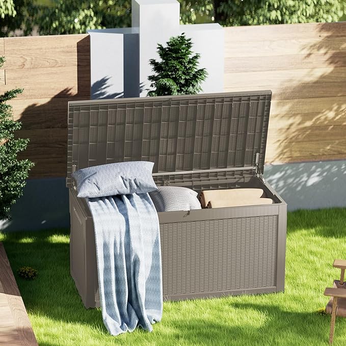 MONDAWE 260 Gallon Resin Deck Box Waterproof Outdoor Storage Box Lockable Patio Storage Container Bench Seating for Cushions Garden Tools Pool