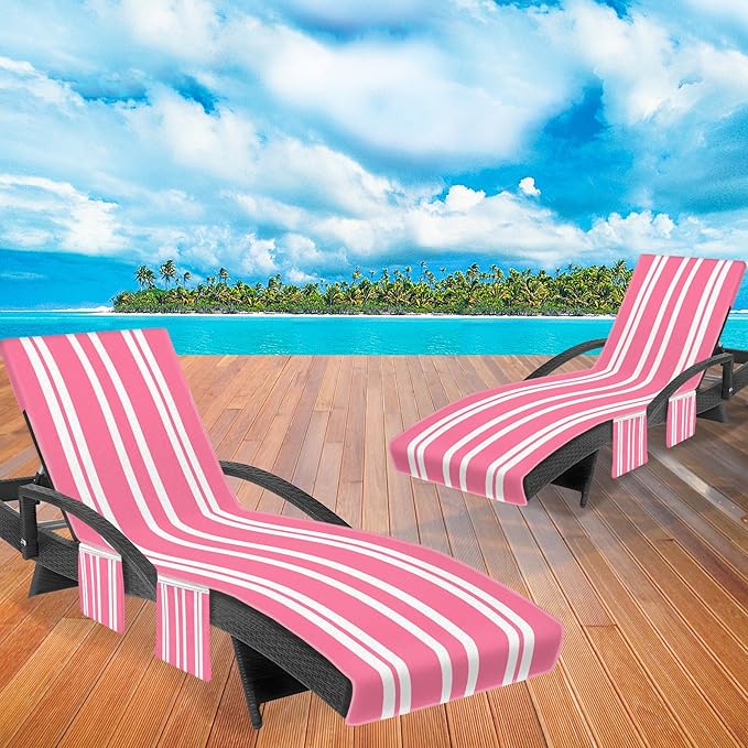 Lounge Chair Towel Cover, Beach Chair Covers (Pack of 2), Chaise Lounge Cover with 3 Pockets for Pool Beach Garden Courtyard Outdoor Trips, 85 x30 in, Striped Pink