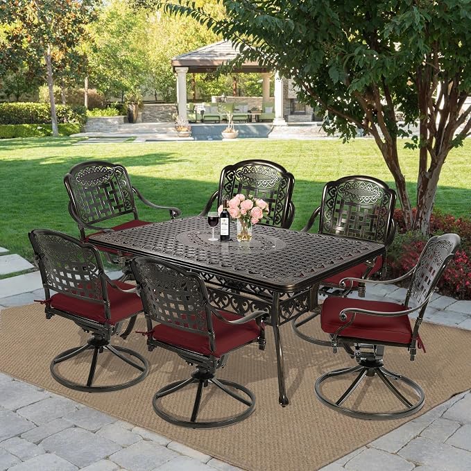 MEETWARM 7-Piece Outdoor Patio Dining Set, All-Weather Cast Aluminum Patio Conversation Set with 6 Cushioned Swivel Rocker Chairs for Backyard Garden Deck, 1 Rectangular Table, Chili Red