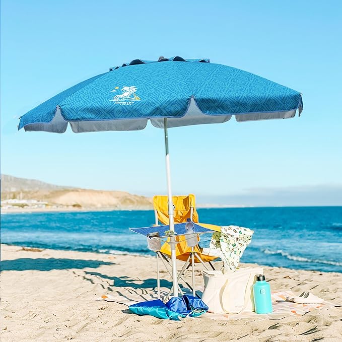AMMSUN Beach Umbrella with Sand Anchor & Table Tray, Portable Heavy Duty 6.5ft Sun Outdoor Umbrella, UV 50+ Protection, Carry Bag for Beach, Patio, Pool and Garden, Sky Blue Paint