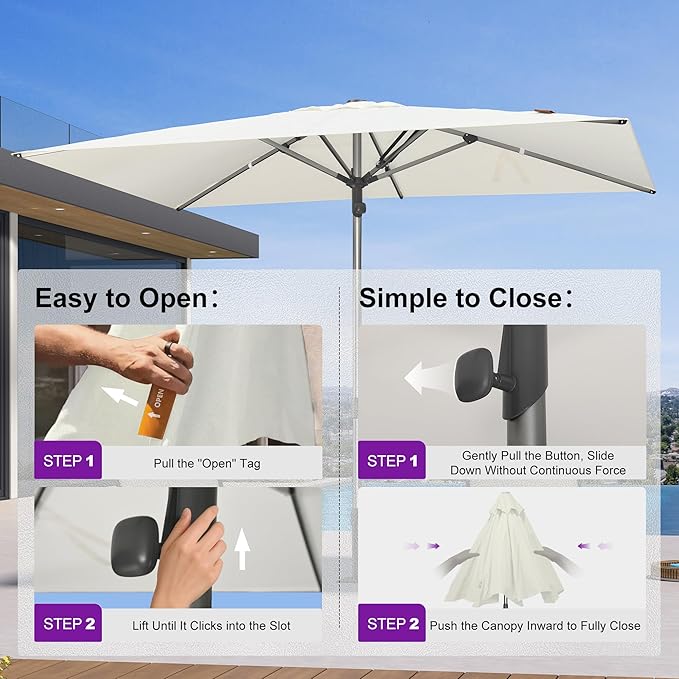 PURPLE LEAF 6 X 10 FT Commercial Rectangle Patio Market Umbrella Semi Auto Heavy Duty 1.9" Aluminum Pole 6 Sturdy Ribs for Outdoor Dining Business Restaurant Poolside Hotel Resort Wedding Venue Cafes Garden White