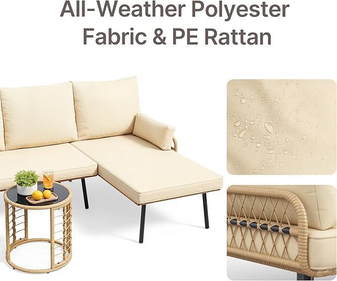 Gizoon 3-Piece Outdoor Patio Furniture Set, All-Weather PE Wicker L-Shaped Conversation Sofa with Thick Cushions & Glass Table, for Backyard, Porch, Balcony, Poolside (Beige)