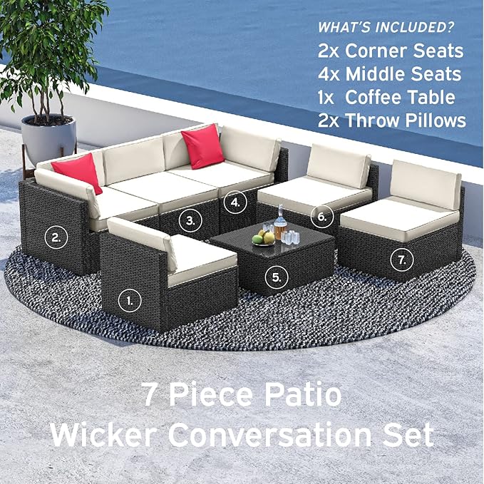 Nestl Patio Furniture Set 7 Piece Outdoor Conversation Set with Black Wicker Sectional and Off White Cushions