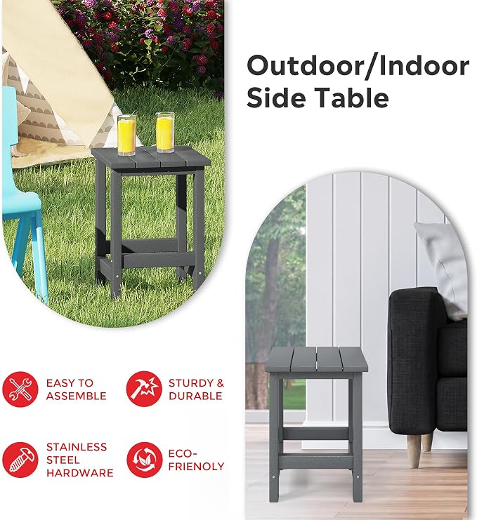 Costaelm Kids Outdoor End Table, Small Patio Table, Outdoor Side Table Porch Table Adirondack Patio Side Table for Outside, Pool, Porch, Garden, Gray