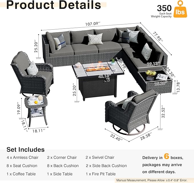 HOOOWOOO Outdoor Patio Furniture with Fire Pit Set 11 Pieces Patio Set with Fire Pit Wicker Outdoor Furniture with Fire Pit Table Set Patio Sectional Set with Swivel Chairs,Black