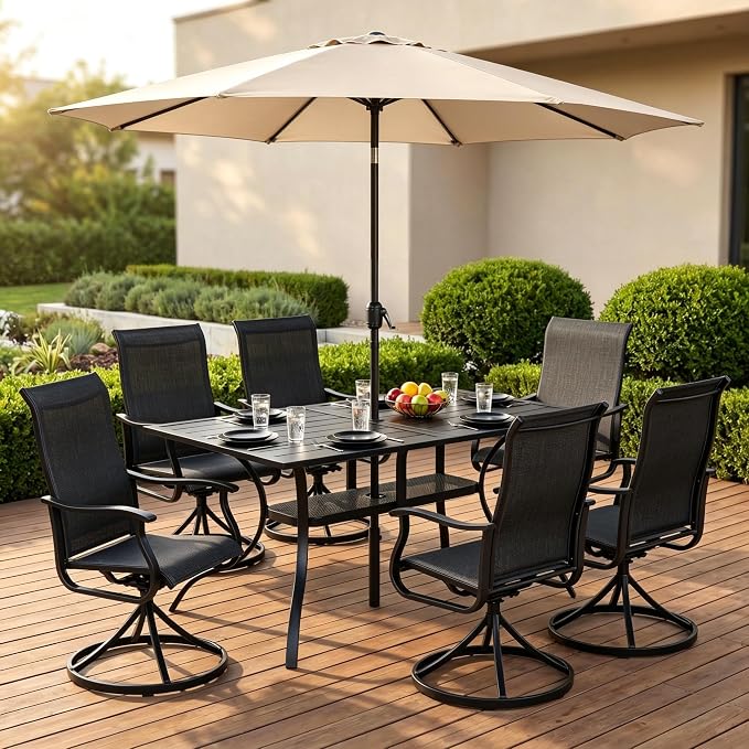Crownland 7 Piece Furniture Patio Dining Set with Champagne Umbrella, 6 Swivel Metal Chairs and Rectangular Outdoor Dining Table, Outdoor Furniture Dining Set for Lawn, Backyard, Garden(Black)