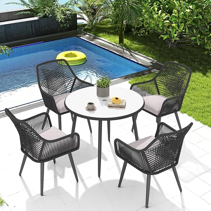Patiorama 5-Piece Patio Dining Set, Outdoor Dining Table Chair Set, All-Weather Twisted Rattan Wicker Rope Conversation Set,Patio Furniture Set w/Umbrella Hole,Cushioned Chairs&Table(Black&Cross Back)
