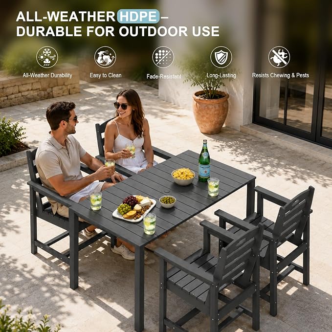Domi HDPE Outdoor Dining Set, All-Weather 5 Piece Outdoor Dining Table Set with 2" Umbrella Hole, Outdoor Patio Dining Set for Garden, Poolside, Backyard, Deck, Grey