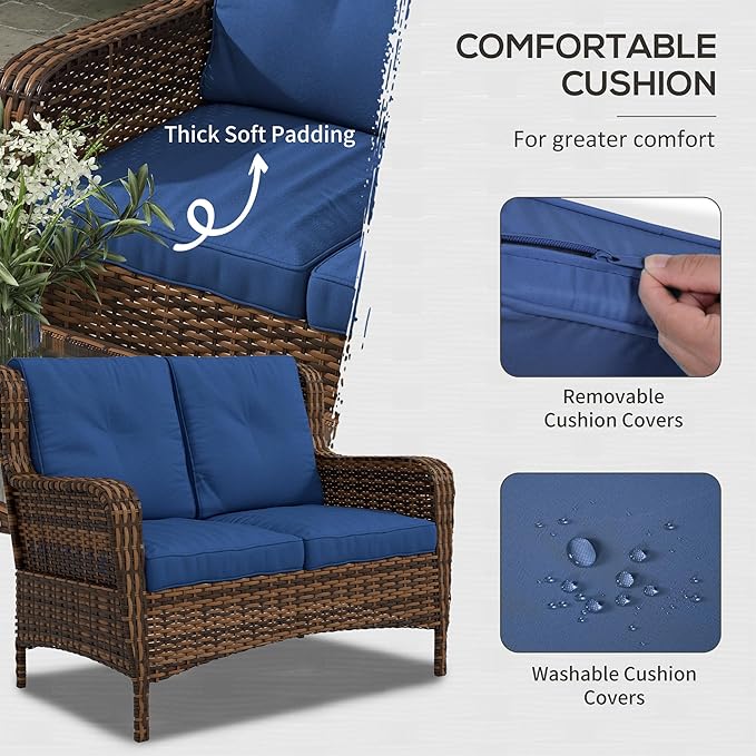 Outsunny 4 Piece PE Rattan Outdoor Patio Furniture Set, Wicker Conversation Set with 2 Swivel Glider Chairs, 2-Tier Glass Table and Loveseat for Garden, Patio, Poolside, Blue