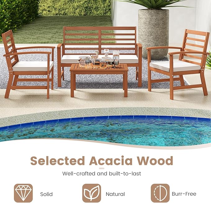 Tangkula 4 Pieces Outdoor Furniture Set, Acacia Wood Conversation Set w/Soft Seat Cushions, Stable Acacia Wood Frame, Patio Sofa & Coffee Table Set for Backyard, Porch, Poolside (White)