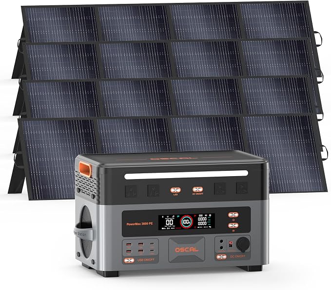 OSCAL 3600W with 4x200W Solar Panels, Portable Power Station, 2016Wh LiFePO4 Battery, 3600W(Peak 7200W) Solar Generator, 90 Min Fast Charge, 14 Ports, LED Light, Home Backup, RV, Camping & Outdoor