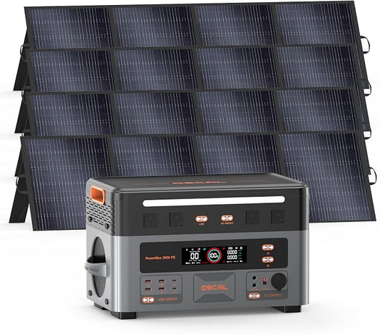 OSCAL 3600W with 4x200W Solar Panels, Portable Power Station, 2016Wh LiFePO4 Battery, 3600W(Peak 7200W) Solar Generator, 90 Min Fast Charge, 14 Ports, LED Light, Home Backup, RV, Camping & Outdoor