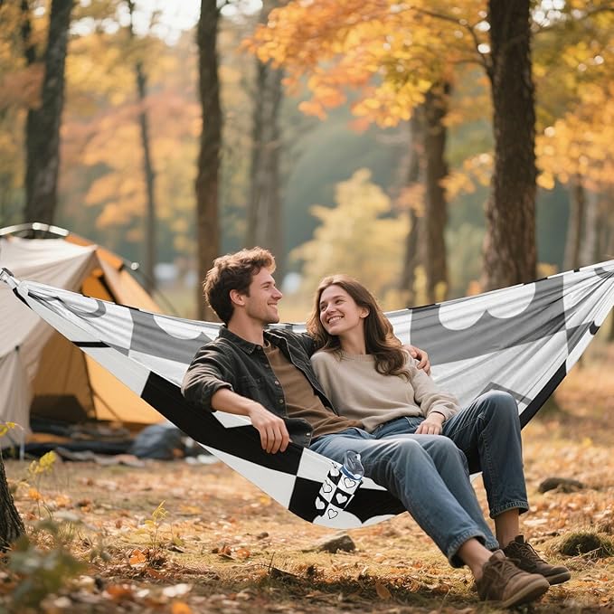 Plaid Black White Hearts Shape 330lb Capacity Camping Hammock Tree Hammock for Camping Travel Accessories hamaca con soporte para adultos