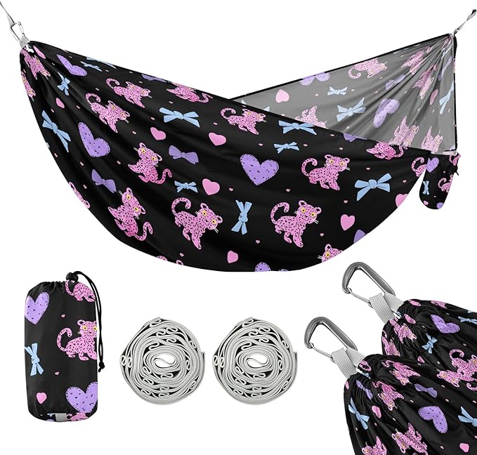 Camping Hammock Outdoor Hammocks for Outside Pink Leopard Cute Beach Trees Portable Lightweight with Pockets Tree Straps Indoor