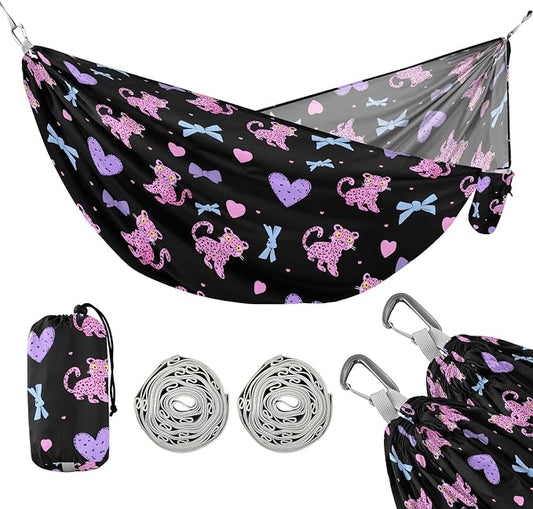 Camping Hammock Outdoor Hammocks for Outside Pink Leopard Cute Beach Trees Portable Lightweight with Pockets Tree Straps Indoor