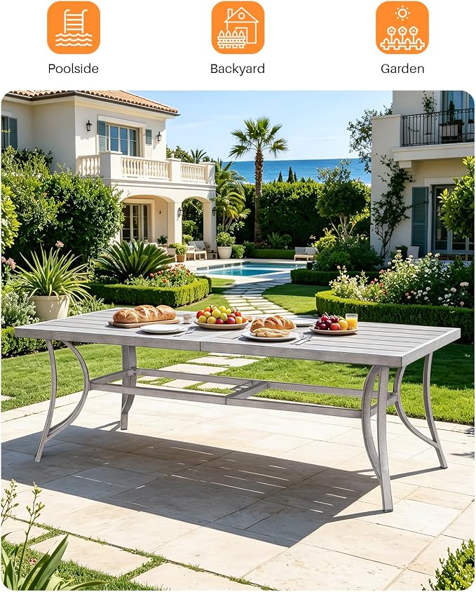 Never-Rust Outdoor Dining Table for 8, Aluminum Patio Dining Table with Umbrella Hole, 84" Rectangle Outdoor Dining Tables for Deck, Backyard, Garden, Poolside, Limed Oak