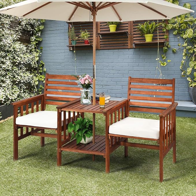 Tangkula Acacia Wood Loveseat, 3pcs Outdoor Table Chairs Set, Patio Conversation Set w/Coffee Table and Soft Cushions, 2.1-inch Umbrella Hole, 2-Seater Furniture Set (White)