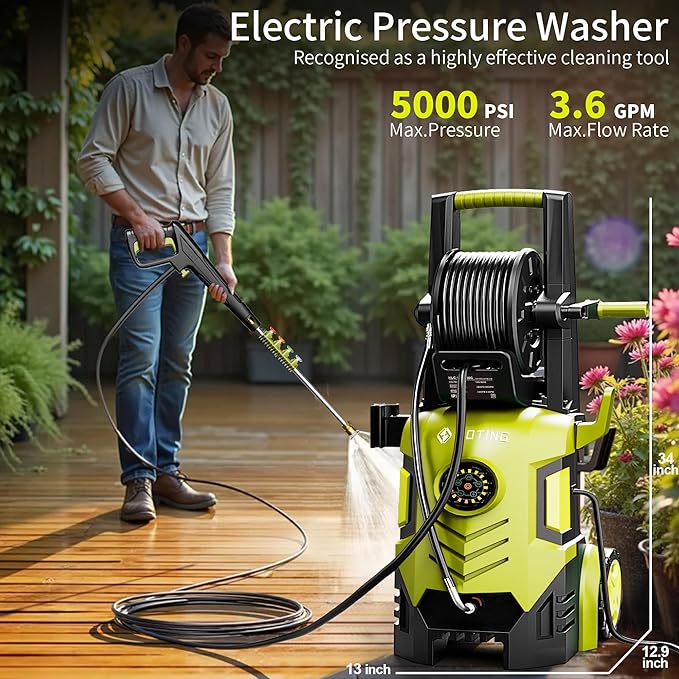 2026Upgraded Pressure Washer 5000PSI with Adj-8-Level Touch Screen, 34" Tall Power Washer, 4 Quick Connect Nozzles, Inlet Hose&Filter&500mlFoam Cannon for Cars/Fences/Driveways/Home Cleaning, Yellow