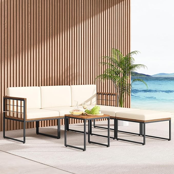 Tangkula 6 Pieces Acacia Wood Patio Furniture Set, Outdoor Sectional Conversation Sofa Set with Cushions, Coffee Table and Ottomans, Metal Frame Patio Sofas for Garden, Poolside, Backyard, Beige