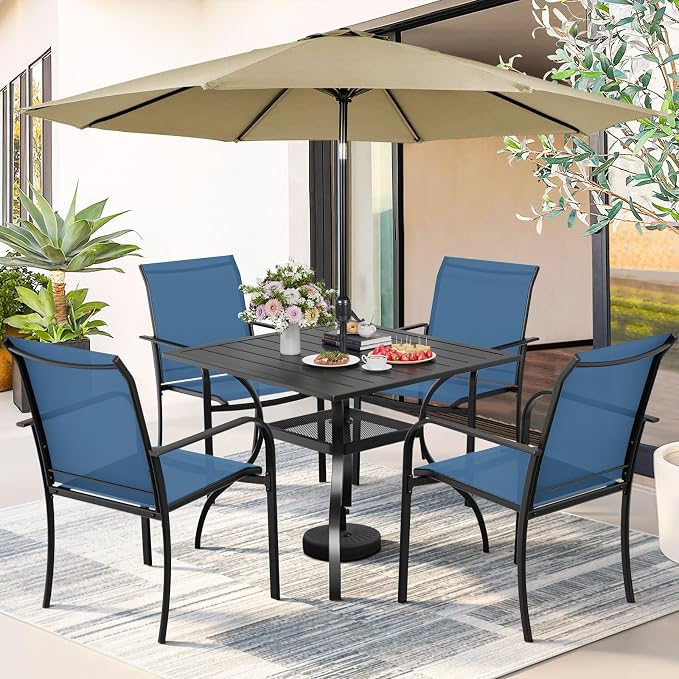 5-Piece Patio Dining Set with Umbrella,4 Person Outdoor Table and Chairs Set, 4 Metal Dining Chairs and Square Outdoor Table with 1.57" Umbrella Hole,Blue
