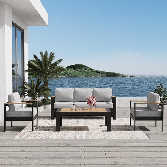 Aluminum Outdoor Patio Furniture Sets, 4 Piece Metal Patio Conversation Sets with Coffee Table with 5 Inch Cushion for Garden Backyard Deck