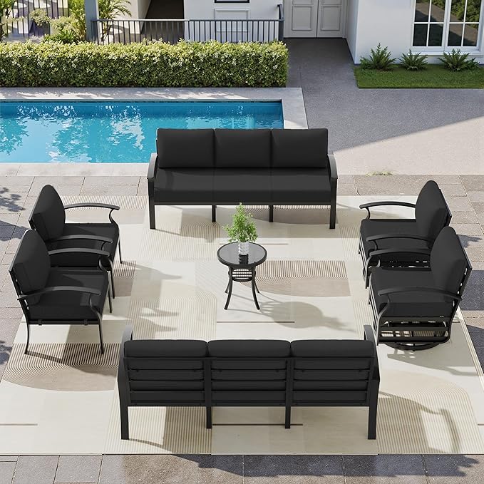 Aluminum Patio Furniture Set, 10 Seats Outdoor Patio Conversation Sets with Swivel Chair Modern Metal Sectional Sofa with Upgrade Cushions for Patio, Backyard - Black