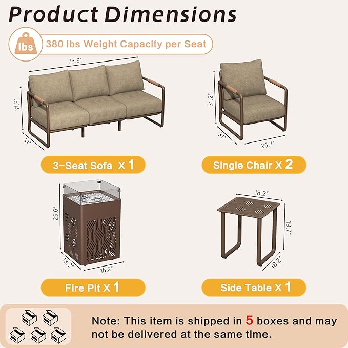 MBY Outdoor Aluminum Patio Furniture Set, 5-Seats Patio Conversation Sofa Set with 45,000 BTU Fire Pit Table w/Glass Wind Guard, All Weather for Balcony, Garden-Brown