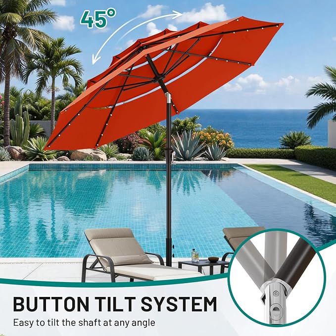 AreShark 9ft 3 Tiers Patio Umbrella with Solar Lights, Outdoor Umbrella w/ 32 LED Lights&8 Sturdy Ribs, Table Umbrella for Deck, Backyard, Pool (Orange)