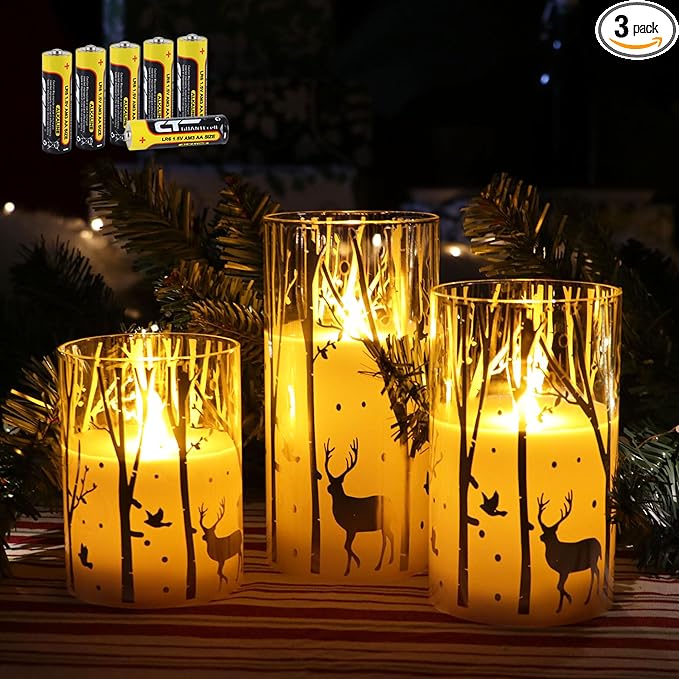 Rhytsing Silver Reindeer Design Glass Battery Operated LED Candles with 6H Timer, Christmas Flameless Candles with Warm White Light, Batteries Included - Set of 3