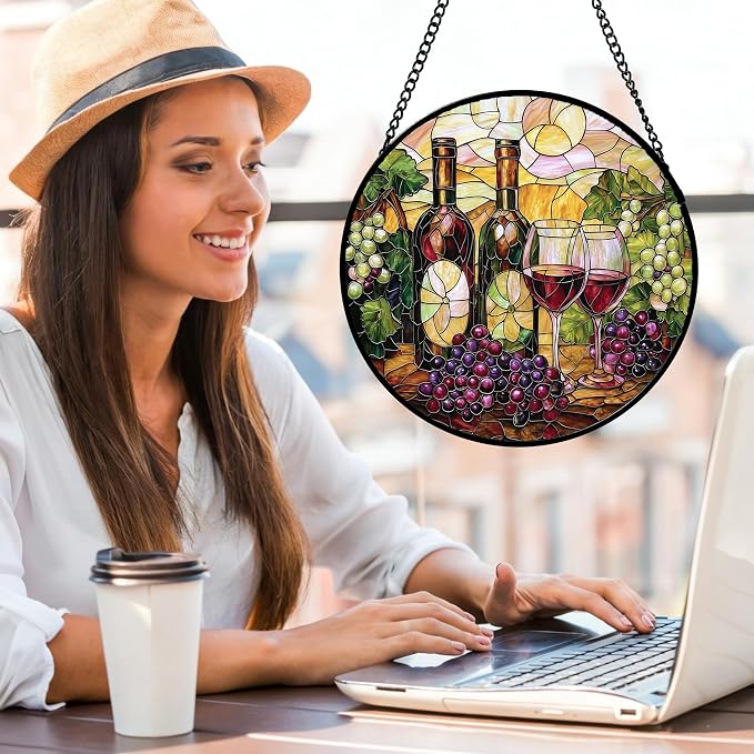 DASTOLL Stained Glass Window Hanging, Grapes and Wine Suncatcher Diamond Glass Panel Hangings Sun Catchers Decor for Birthday for Women, Men, Wife, Aunt, and Mom 7.8 in