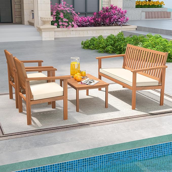 Tangkula 4 Piece Patio Wood Furniture Set, Acacia Wood Sofa Set w/Loveseat, 2 Chairs & Coffee Table, Soft Seat Cushions, Outdoor Wood Furniture Set for Porch, Yard, Balcony (Off White), OneSize