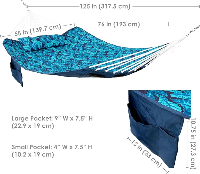 Sunnydaze Quilted Fabric Double Outdoor Hammock - 2-Person Hammock with Metal Curved Spreader Bars - Tropical Palms