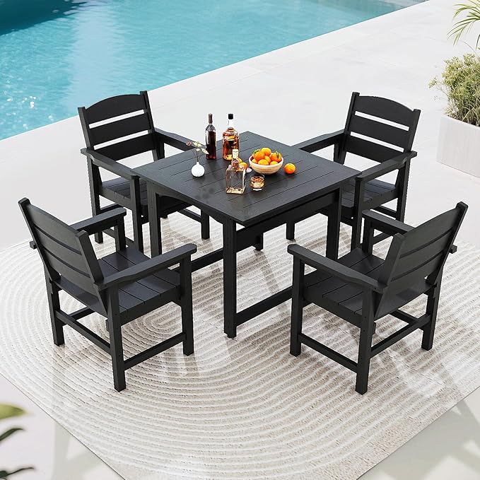 5 Piece Patio Dining Set,Patio Furniture Set for 4,Outdoor Table and Chairs with Umbrella Hole,All-Weather 36” Square Dining Table with Non-Slip Mat for Garden,Poolside,Backyard,Black